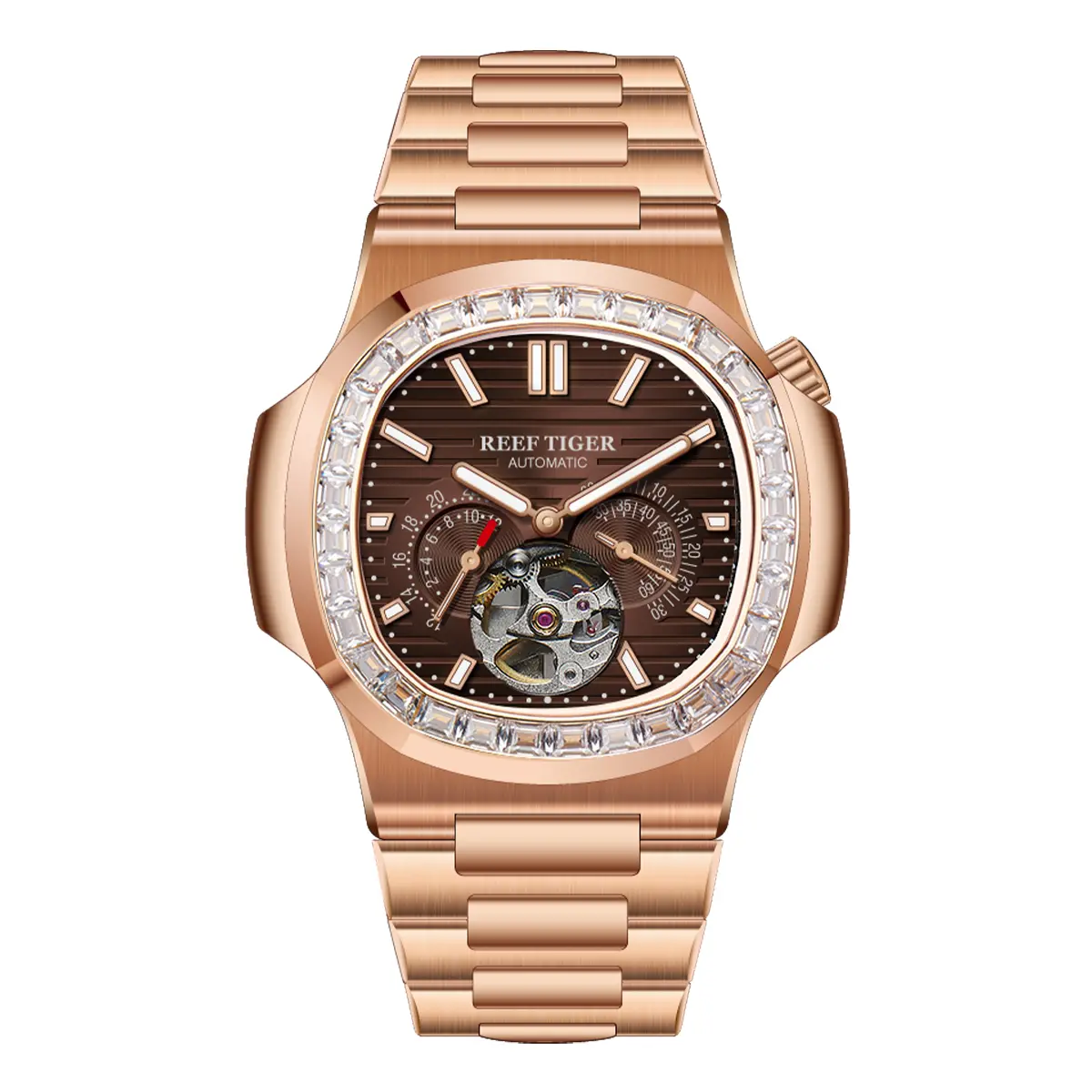 REEF TIGER Men's Chic Square Stainless Steel Mechanical Watch, Automatic Movement, Luminescent Dial, Sapphire Crystal, Waterproof, Male Watch