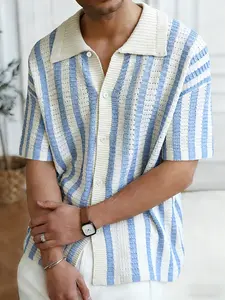 Men's Striped Print Cardigan, Regular Fit Casual Short Sleeve Fitted Knitwear for Summer, Fashion Men's Knit Clothing for Daily Wear, Tops