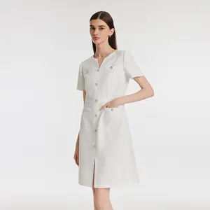 Gathered Waist Single-Breasted Sequins Tweed Mini Dress With Patch Pockets
