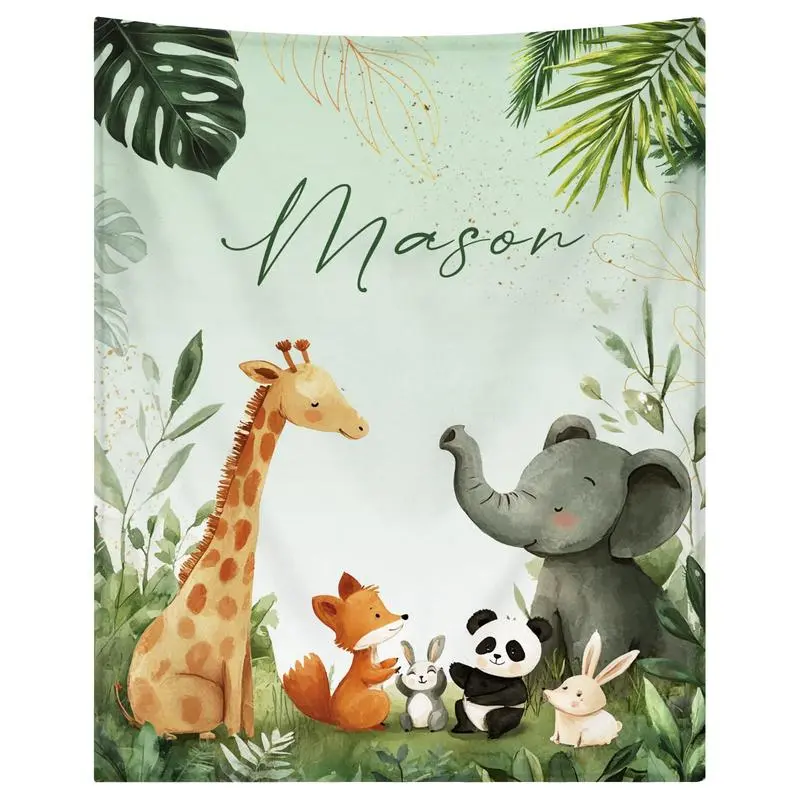 Custom Blanket for Boys Personalized Blanket with Name Soft Cozy Flannel Bed Throw Blanket Featuring Adorable Jungle Animals Design