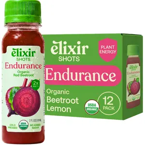 Elixir Shots, Endurance & Wellness Shot with Cold-Pressed 100% Organic Ingredients, Beet, Carrot, Celery, Lemon, No Added Sugars or Artificial Ingredients, 12 Pack