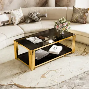 Black Rectangular Glass Coffee Tables for Living Room, 2-Tier Rectangular Tea Table with Metal Drum Base, 47.5" Modern Center Accent Table for Small Space, Bedroom