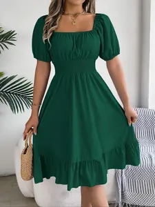 Women's Plain Ruffle Hem Shirred Puff Sleeve A Line Frenchy Style Dress, National Day Clothing, Summer Outfits 2024, Elegant Short Sleeve Square Neck Midi Dress for Summer, Ladies Dress for Beach Holiday