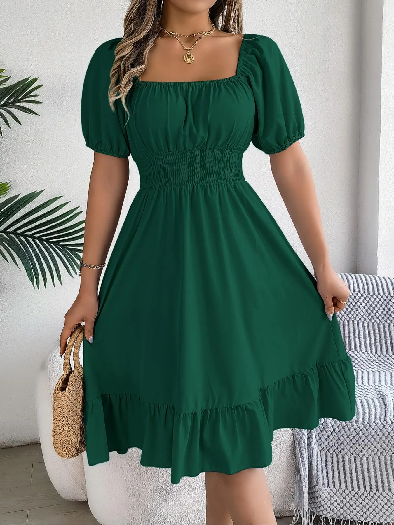 Women's Plain Ruffle Hem Shirred Puff Sleeve A Line Frenchy Style Dress, National Day Clothing, Summer Outfits 2024, Elegant Short Sleeve Square Neck