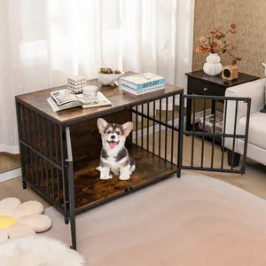 COSTWAY - 40 Inch Dog Crate Furniture Dog Kennel with Dual Lockable Double Doors-Rustic Brown