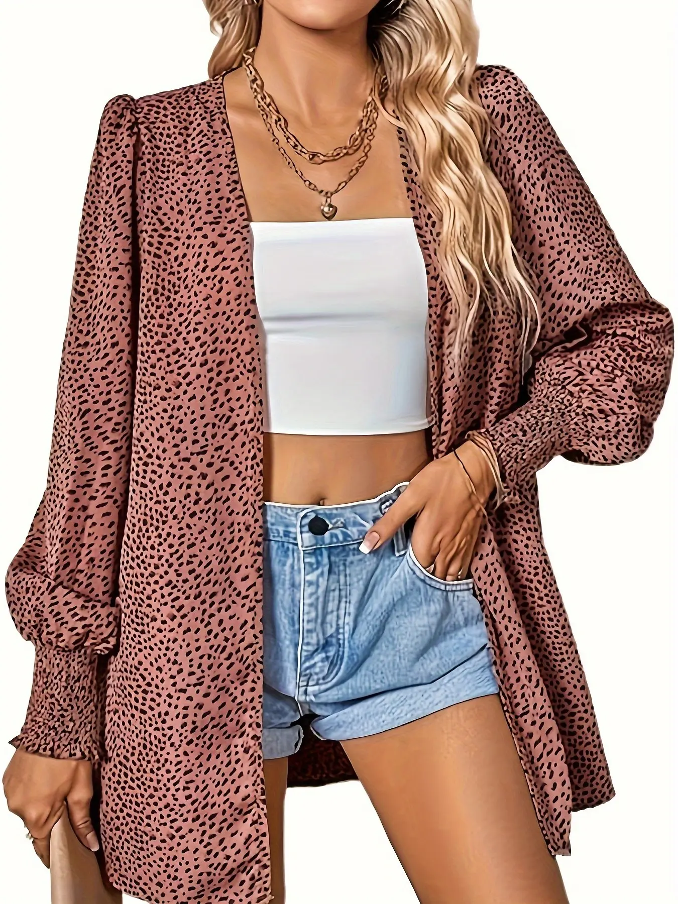 Women's Casual Knit Leopard Cardigan, Wrinkled Cuff Design, Loose Fit, Perfect for Spring and Fall Seasons