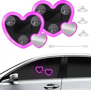 2Pcs Car Heart Lights Interior,Solar LED Heart Light for Car Decorations,Pink Heart Car Accessories with 8 Lighting Modes,Rechargeable Neon Lights for Cars,Romantic Gift