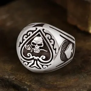 GTHIC Spades Skull Stainless Steel Ring for Men Punk Biker Jewelry Birthday Gift Daily Wear