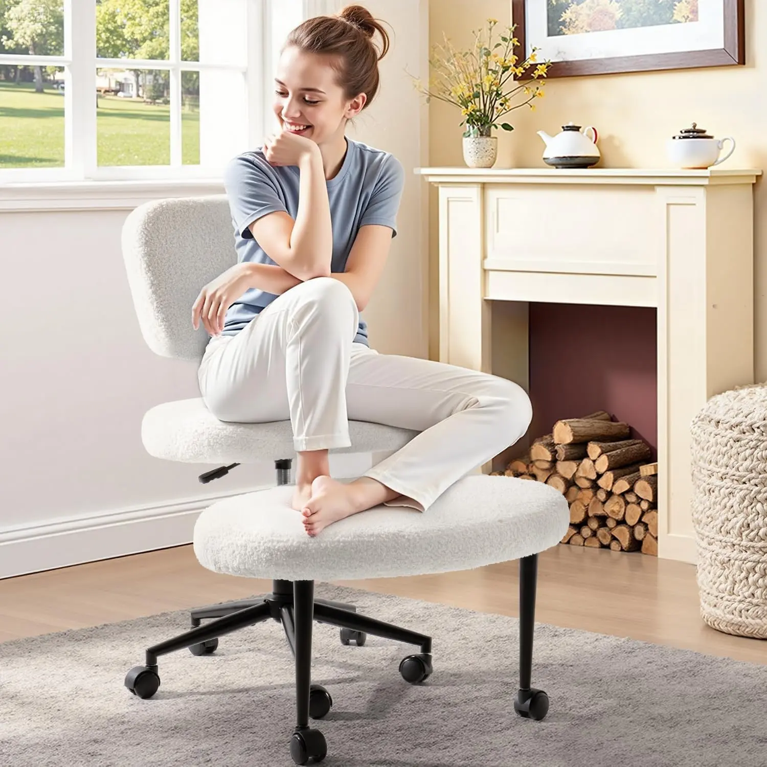 Ergonomic Cross-Legged ADHD Meditation Desk Chair for Home Office - Height-Adjustable Backrest, 360° Swivel Footrest, Teddy Fabric Yoga Seat Stool