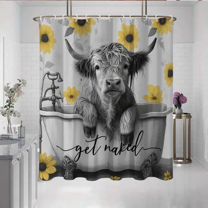 Highland cow and sunflower shower curtain, polyester durable material, easy to clean, machine washable, multiple sizes, shower curtain hook, Bathroom decoration accessories