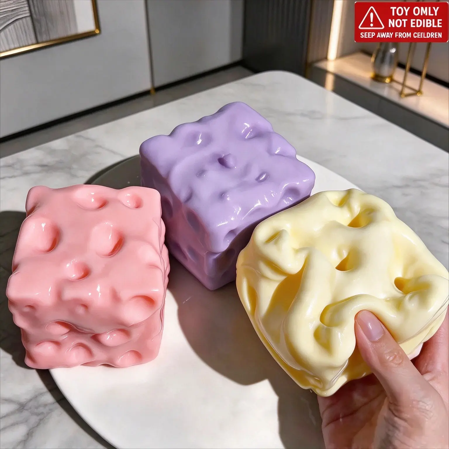 Cheese Squishy Squishies Toys - White Off, Pink & Purple 6cm/7cm Petroleum Jelly-Filled Soft Moldable Squeeze Ball, ASMR Stress Relief Anxiety Gifts for Ages 12+ Unisex Sensory Toy
