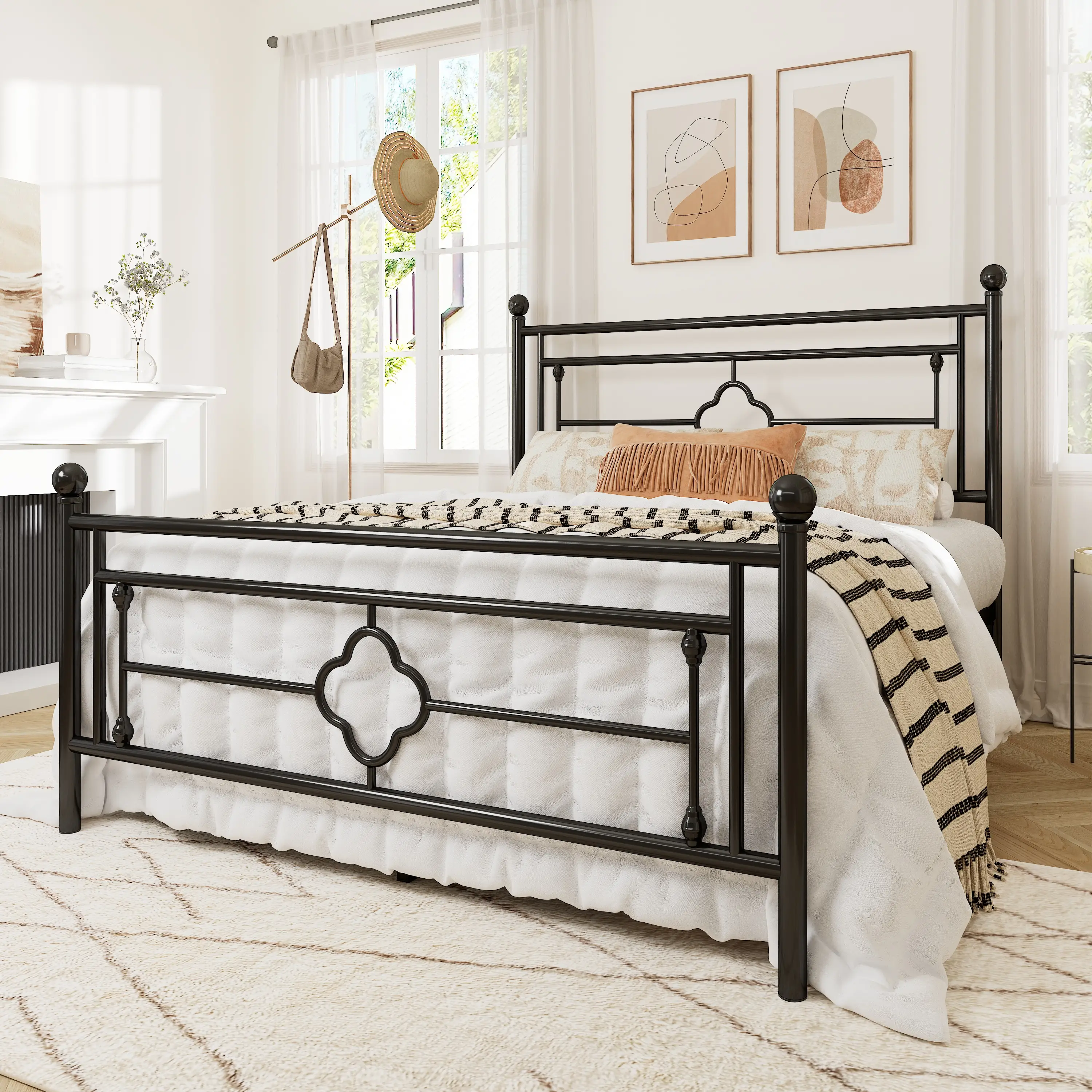 Allewie Twin/Full/Queen/King Size Metal Platform Bed Frame with Victorian Vintage Headboard and Footboard【Frame Only No Mattress】/Under Bed Storage/No