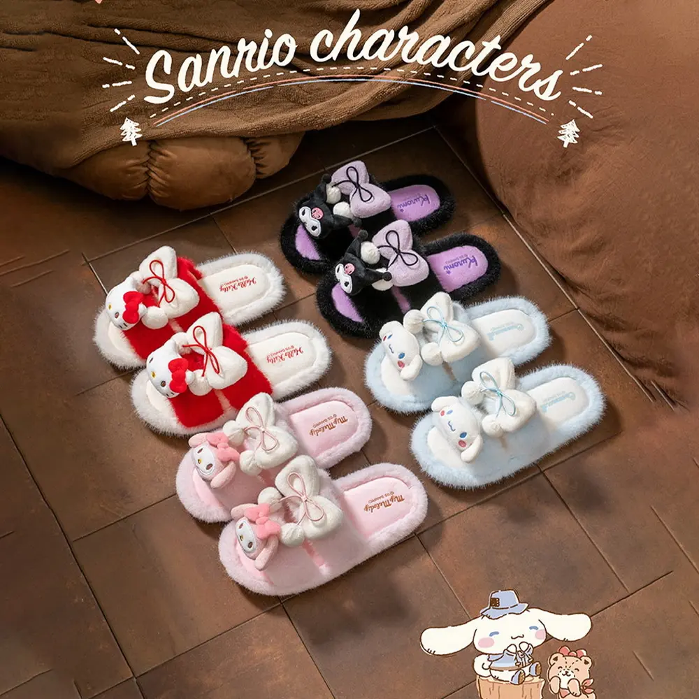 L Sanrio Hello Kitty Fleece‑lined Cotton Slippers Winter Indoor Home Shoes Women’s Cozy Warm Thick‑sole Design