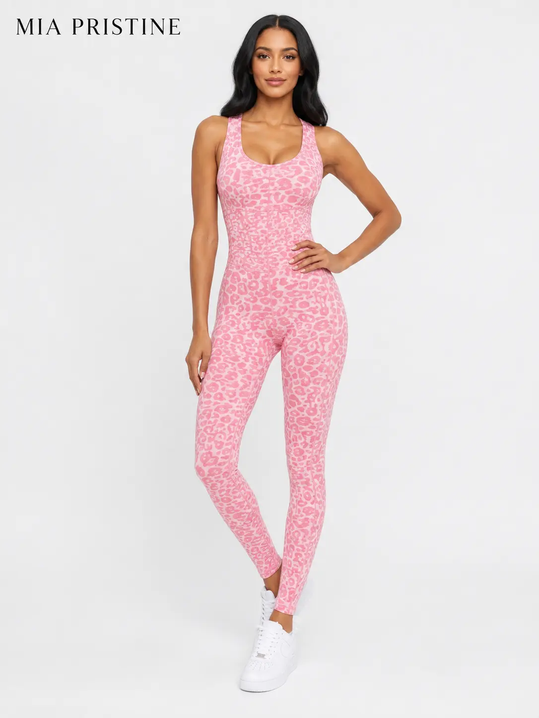 MIA PRISTINE Women's Leopard Print Athletic Jumpsuit, Sleeveless Cross Back Bodysuit in High-Stretch Spandex with Full Coverage for Yoga & Gym