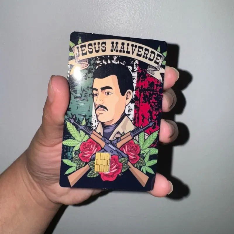 Credit Card Skin Mal Verde Sticker Small Chip Featuring Jesus Malverde Design with Roses and Gun Illustration