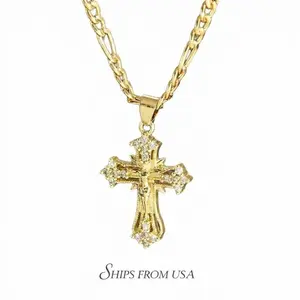 This 14K gold-plated Jesus Cross pendant necklace, adorned with sparkling embellishments, is an elegant religious piece suitable as a Thanksgiving gift, graduation present, or everyday wear.