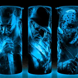 Glow in the Dark Michael Myers - Jason - Freddy Halloween Horror Cup Mug Tumbler 20oz with Slide Closure Lid & Reusable Straw Handmade Drinkware