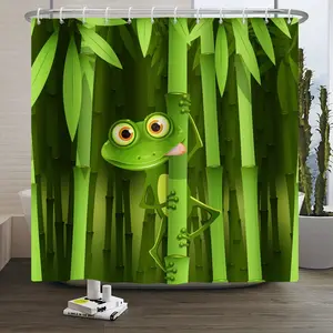 Cute Funny Frog Shower Curtain, Shower Essentials, Bamboo Cartoon Animal Abstract Tree Leaves Green Children Aesthetic Waterproof Decor