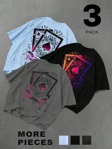 3-Pack Men's Large Size Ace Print T-Shirt Set, Street Style, Three-Color Combo, Gradient Poker Print, Cool Casual Top