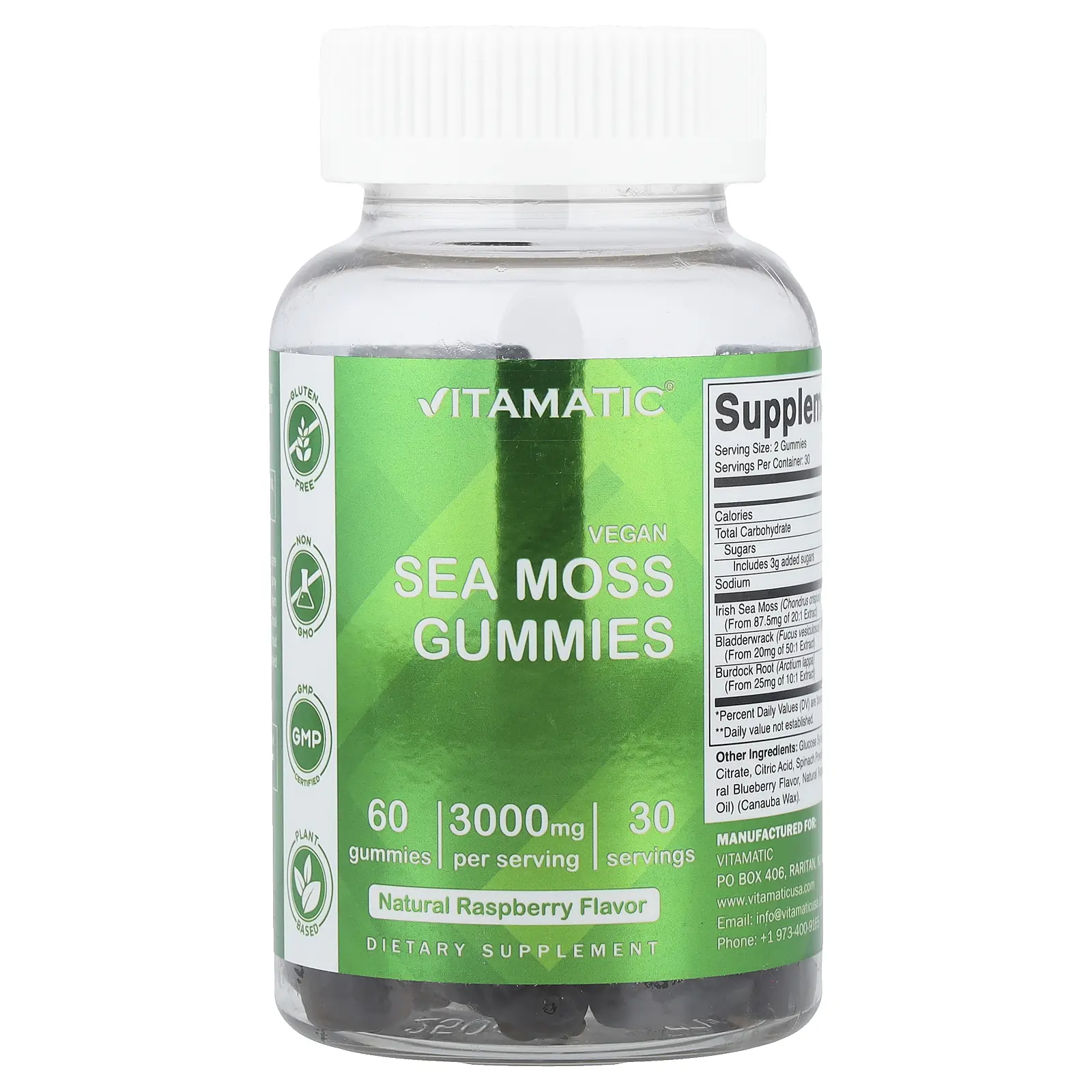 Vitamatic Vegan Sea Moss Gummies, Natural Raspberry, 60 Gummies