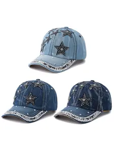 1PC shiny star-shaped rhinestone decorated denim baseball cap, a fashionable and casual all-purpose denim hat, suitable for women to wear daily, and suitable for pairing with when going out for shopping.