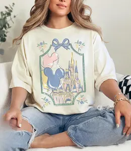 Retro Castle Bow Graphic Shirt  Cute Coquette Balloon Theme Park Tee  Pastel Fantasy Vacation Shirt  Family Trip Aesthetic Unisex T-Shirt