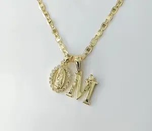 Plated Dainty Letter "M" Virgin Mary Double Pendants 3mm Flat Mariner Anchor Chain Necklace