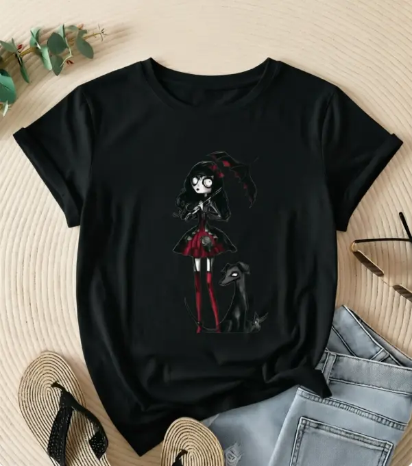 Women's Cotton Short-Sleeve T-Shirt - Gothic Cartoon Girl, Black Umbrella & Greyhound Graphic, Casual, Dark Heat Transfer, Summer Street Outfit, Music Festival Wear, Pair with Jeans