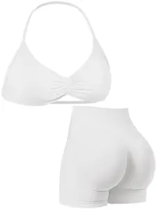 Workout Sets for Women, Sportswear Set, Gymswear, Strappy Sports Bras Backless Padded Impact Workout Gym Yoga with Removable Cups, Scrunch Butt-Lifting Seamless Compression Gym Yoga Shorts for Women