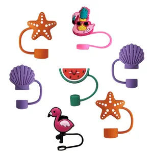 Summer Vibe Summertime Collection Straw Covers 6 Designs Flamingo Watermelon Shell Starfish Reusable Silicone Drinkware Top Fits 6-8mm & 10mm Straws