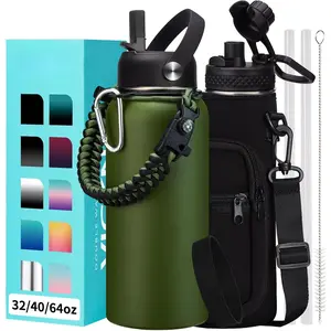 32 oz Water Bottles Insulated with Straw & Chug Lid, Paracord Handle, Strap Carry Bag, Triple Wall Stainless Steel Wide Mouth Thermal Flask for Men Women Gym Outdoor Fitness Sports Hiking, Army Green