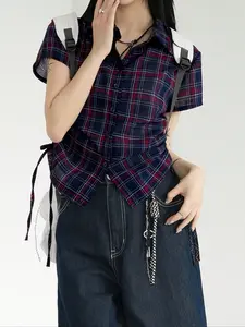 Women's Polo Neck Shirt Blouse Plaid Design, Casual Fitted Loose Fit, Early Autumn Fashion, Versatile Retro Style, Comfortable Lazy Look