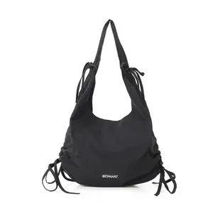 BE SMART Soft Nylon Shoulder Bag with Cinched Details,Large Capacity Drawstring Shoulder Tote Bag