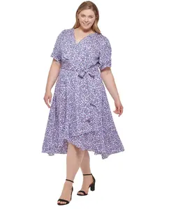 DKNY Women's Plus Size Purple Ruched-Sleeve Faux-Wrap Dress