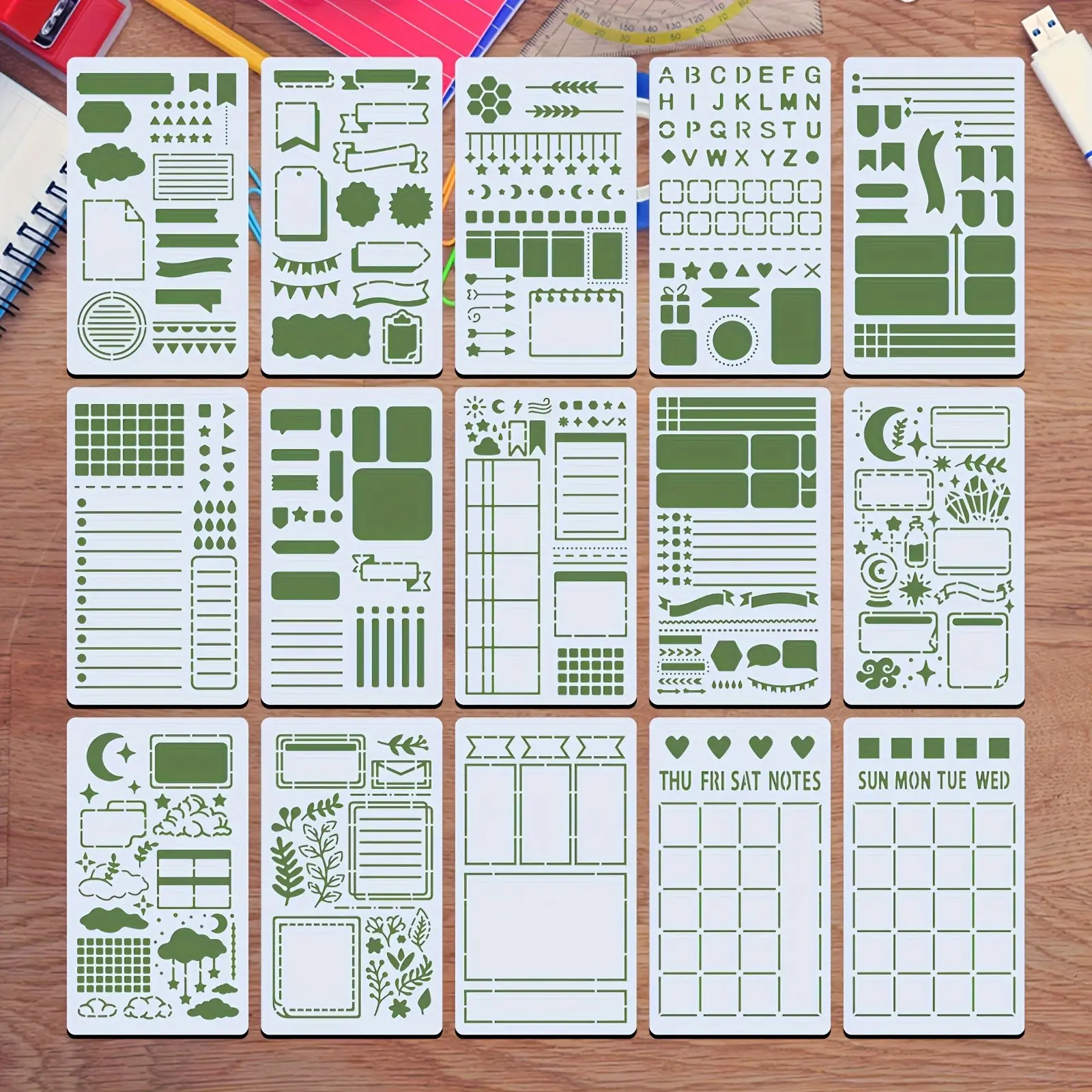 15 Piece Diary Hollow Painting Templates, 4x7 Inch Reusable Washable Plastic Templates, DIY Handmade Scrapbook Materials Decorations, Fabric Wall Journal Decoration