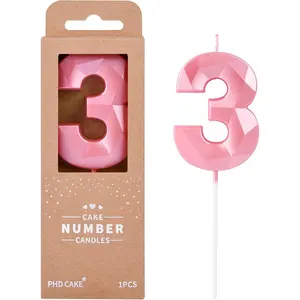 3 Pink Number Birthday Candles, 1 Inch Crystal, for Cake, Party Celebration