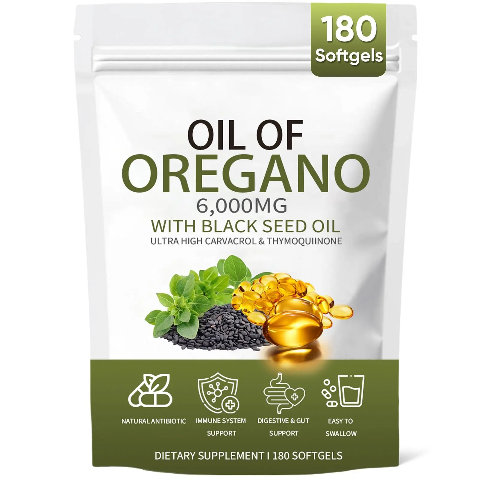 Oil of Oregano with Black Seed Oil, Oregano Oil Supplement for Immune Wellness, Gut & Digestive Health, Daily Energy, Non-GMO, Gluten Free, 180 Softgels