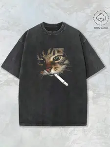Funny Smoking Cat Graphic Print Washed T Shirt 230g, Men's Casual 100% Cotton T-Shirt, Rban Fashion Top For Halloween, Parties & Casual Attire, Halloween Clothes, Party Attire, Playful Edgy Print, Breathable Fabric, Casual Wear, Comfortable Fit