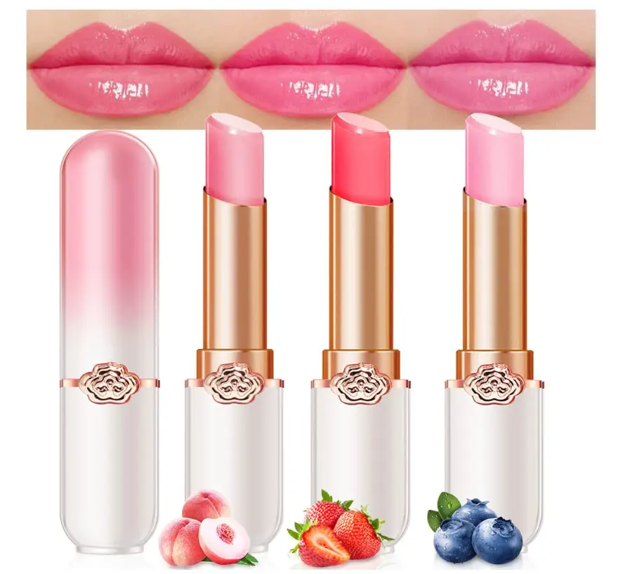 3Pcs PH Mood Long Lasting Lipstick Set - Peach, Strawberry & Blueberry Color Changing Lip Gloss & Lip Balm Tinted Magic Stain  Cosmetic Lip Care
