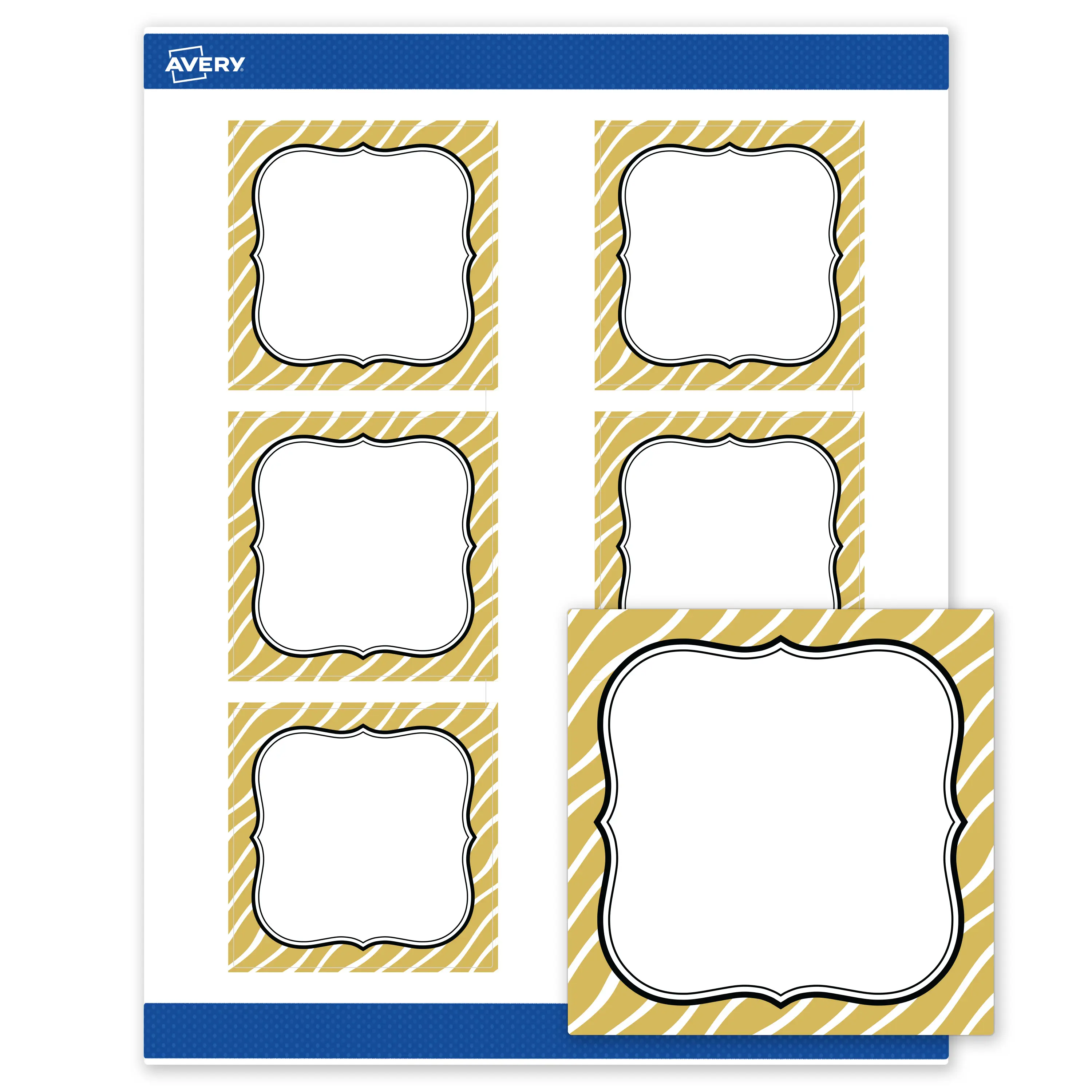 Avery Printable Square Labels, 3" x 3", Matte White, Pre-printed Metallic Gold Zebra Pattern Design, Sure Feed Technology, Laser & Inkjet Compatible, 120 Total