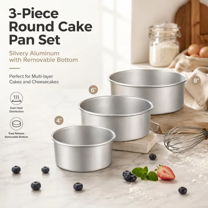 3-Piece Round Cake Pan Set, 4/6/8 Inch Aluminum Removable Bottom Baking Molds Baking Pans for Cheesecake & Layer Cakes