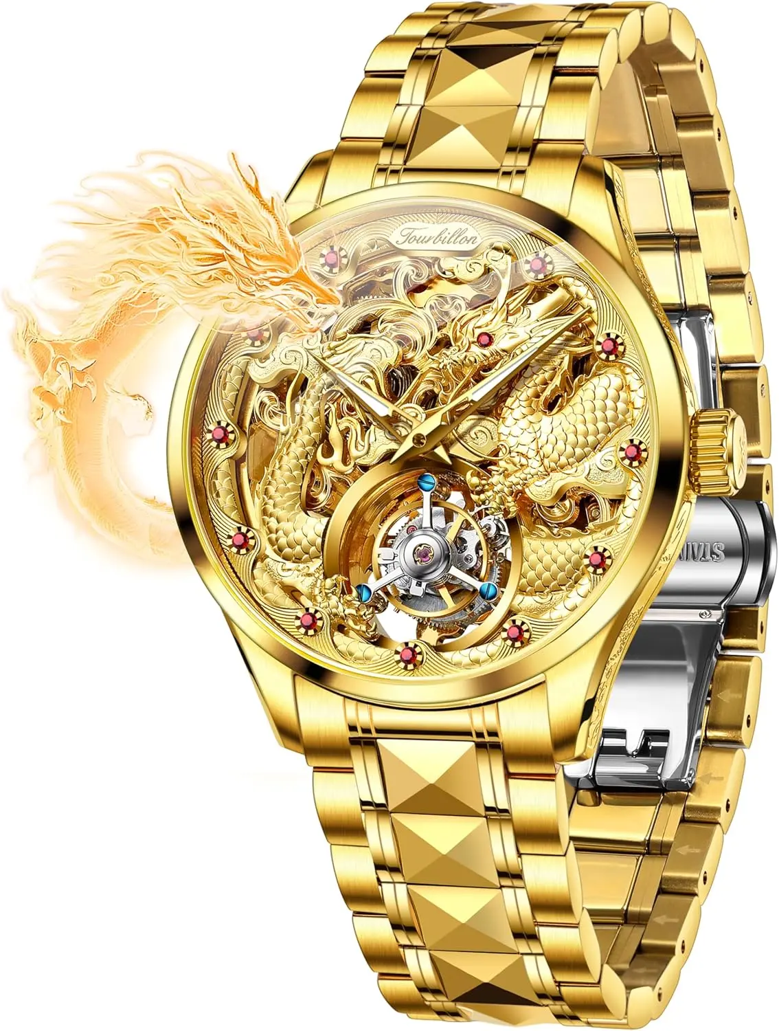 OUPINKE Men Skeleton Watch Automatic Mechanical Luxury Dress Waterproof Tourbillion Sapphire Crystal Wrist Watches for Men