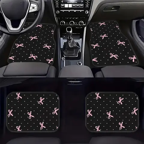 4pcs Bow Pattern Car Mat Set, Durable Polyester Floor Mats For Car, Easy-to-Clean, Front & Rear Seat Protection, All-Weather Car Mats, Perfect Gift, Car Interior Accessories