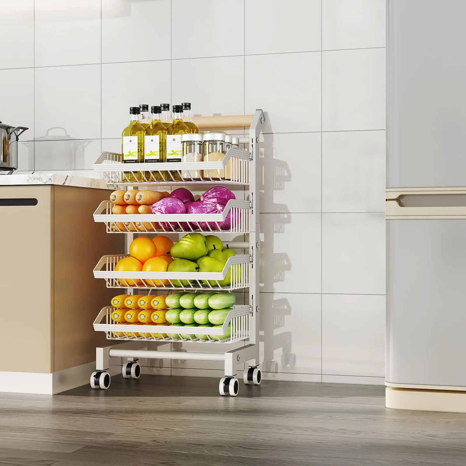 Vegetable Storage Rack, 3/4 Tier Kitchen Trolley with Lockable Wheels, Lockable Wheels, Wood Handle, Rolling Organizer for Pantry, Fruit & Veggies, Bathroom - White