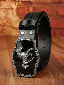 1Pcs unisex retro western denim style embossed belt, Pu leather belt, silver horse racing embossed alloy buckle with curled edges, 1.46in/3.7cm wide checkered embossed belt, suitable for Halloween costumes and holiday gifts
