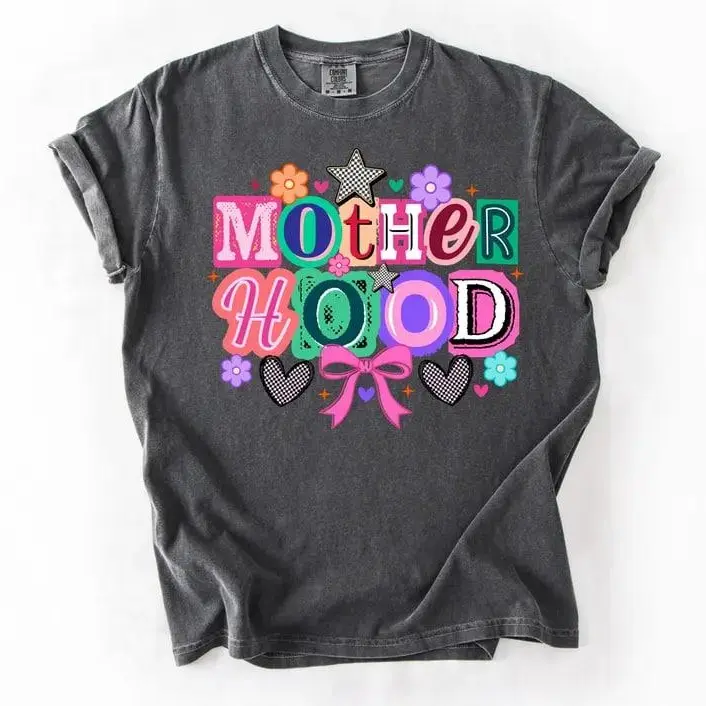 Comfort Colors Motherhood shirt, retro colorful mom tee, cute graphic design celebrating motherhood, fun and stylish gift for moms who love comfy fashion daily