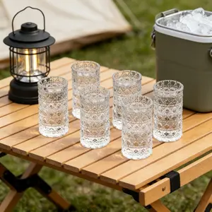 Vintage Embossed Drinking Glass Set 6-Piece 1 oz Capacity Classic Kitchen Water Glasses Barware for Beer Juice Cocktails Whiskey Milk