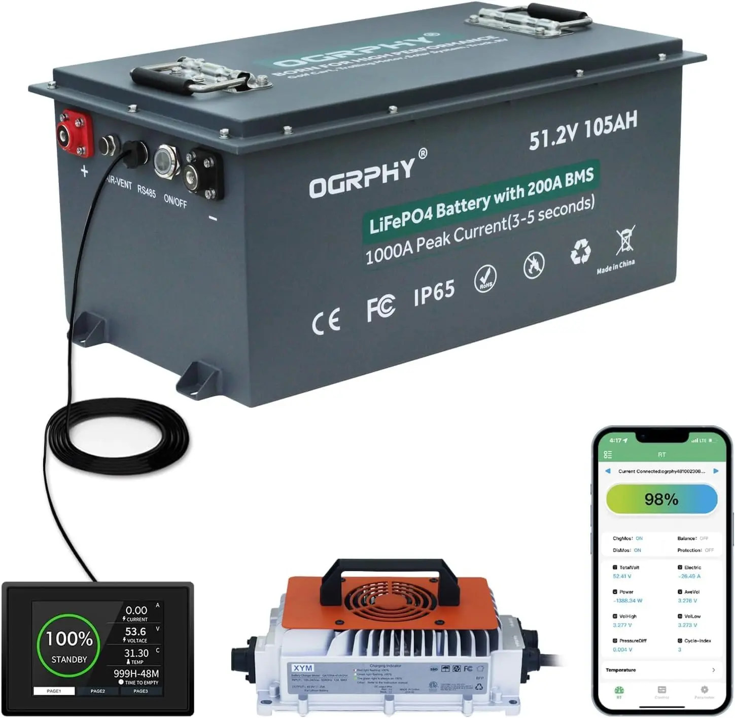 OGRPHY 48V Lithium Golf Cart Battery, with 18A Charger, Touch LCD Monitor, 200A BMS, 1000A(3-5) Peak Current 10 Yrs Lifespan Perfect for Golf Cart, Trolling(51.2V 105AH)