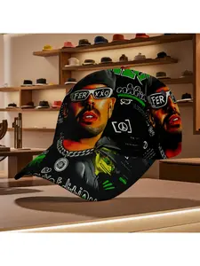 Ferxxo themed baseball cap with character wearing FER XXO sunglasses silver chain and green graffiti text print comfortable fit for casual wear and daily outfits all season street style urban headwear