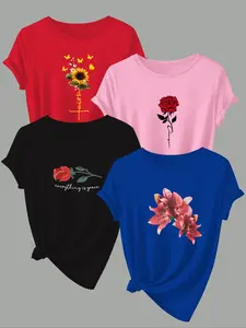 Women's Floral Print Round Neck Tee, Casual Short Sleeve Crew Neck T-shirt for Spring & Fall, Fashion Women's Top for Daily Wear